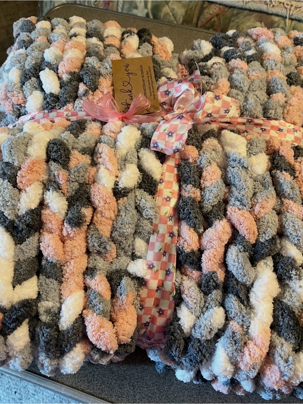 Chunky Knit Blanket Handmade Soft Cozy Pink Gray White